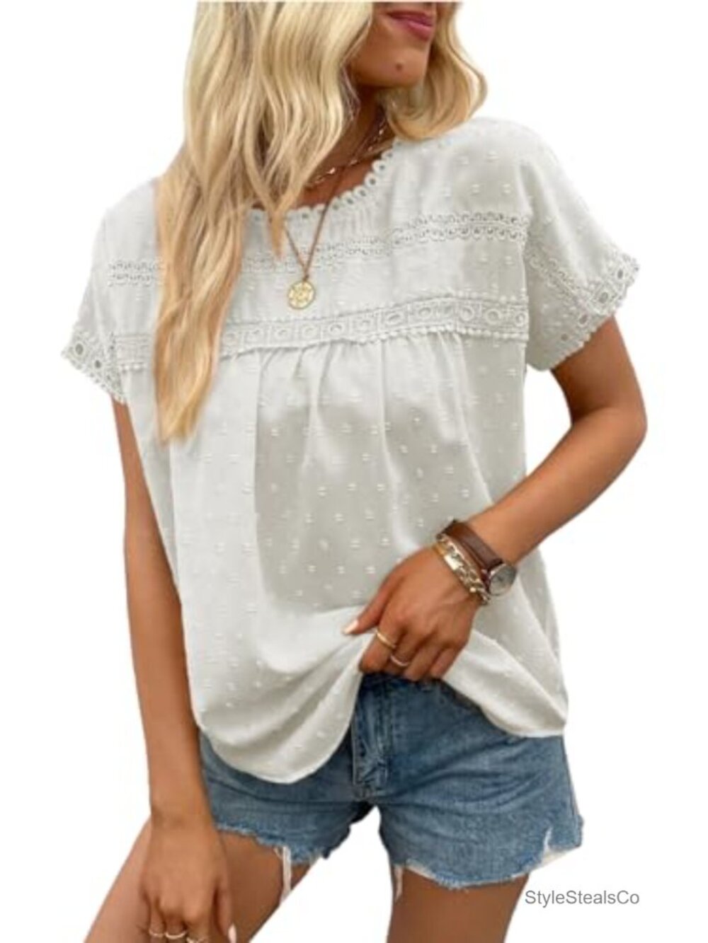 Lace Crochet Peplum Blouse Short Sleeve Flowy Babydoll Work Top